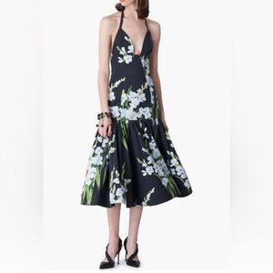 NWT $2290 Carolina Herrera Floral-Print Drop-Waist Plunging Halter - size 10